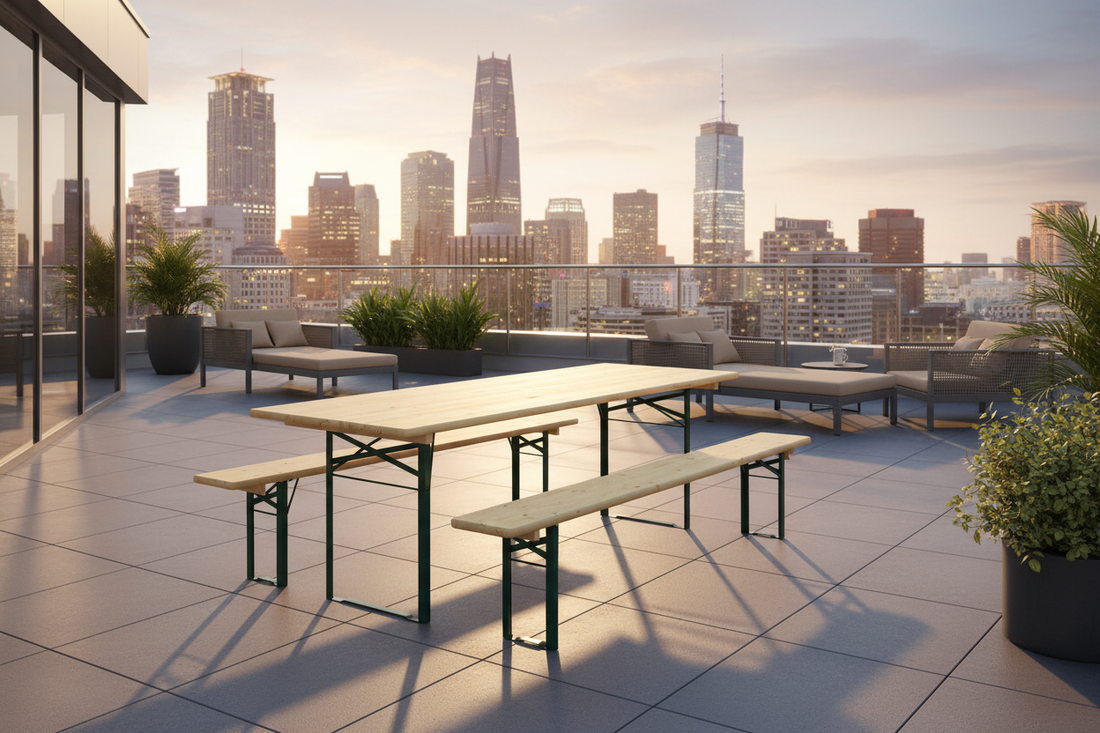 Biertafelset op rooftop terras