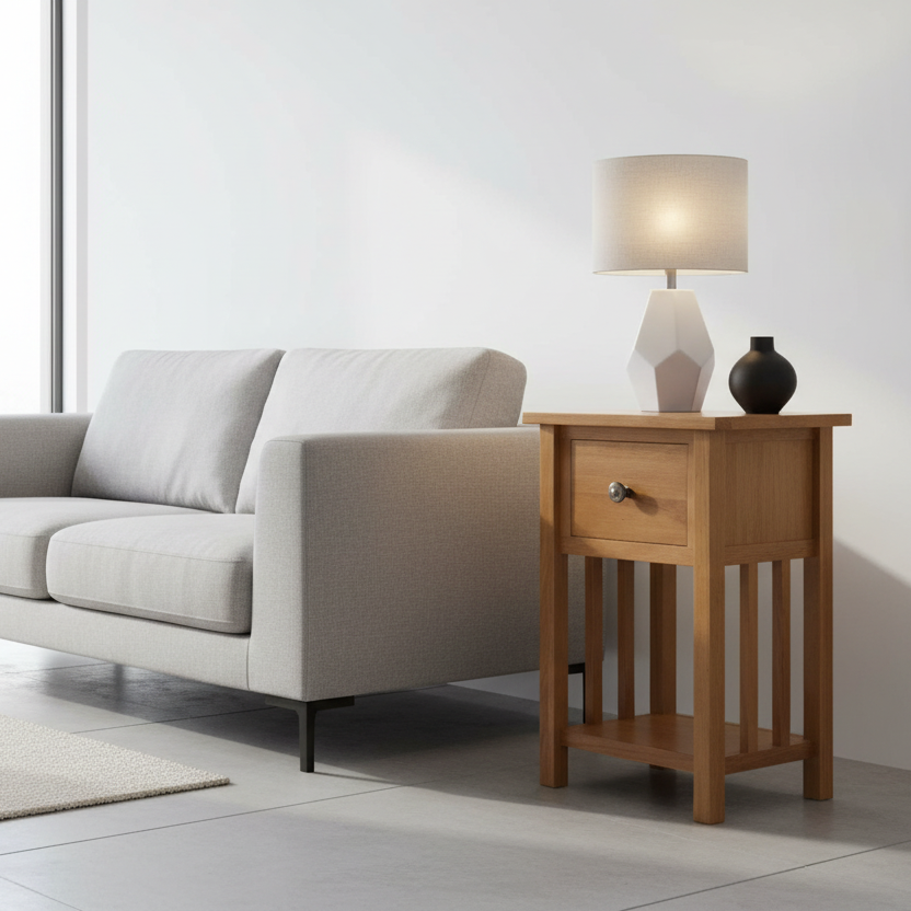 Bijzettafel in strakke woonkamer