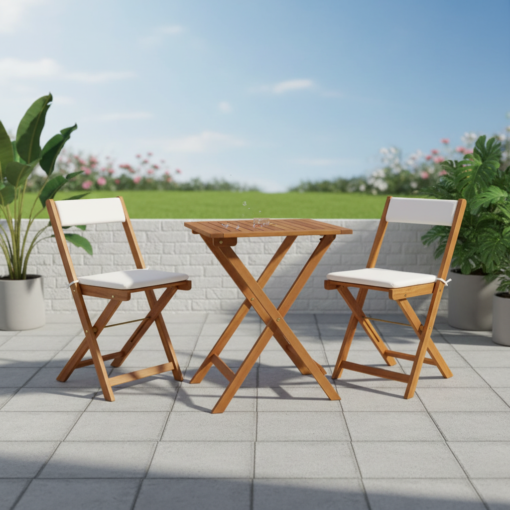 Bistroset met witte kussens op patio