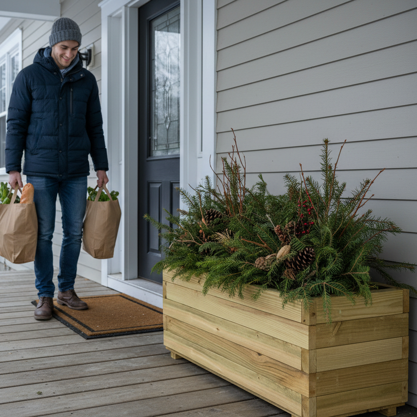 Blanke man bij voordeur met lange bloembak 13:31