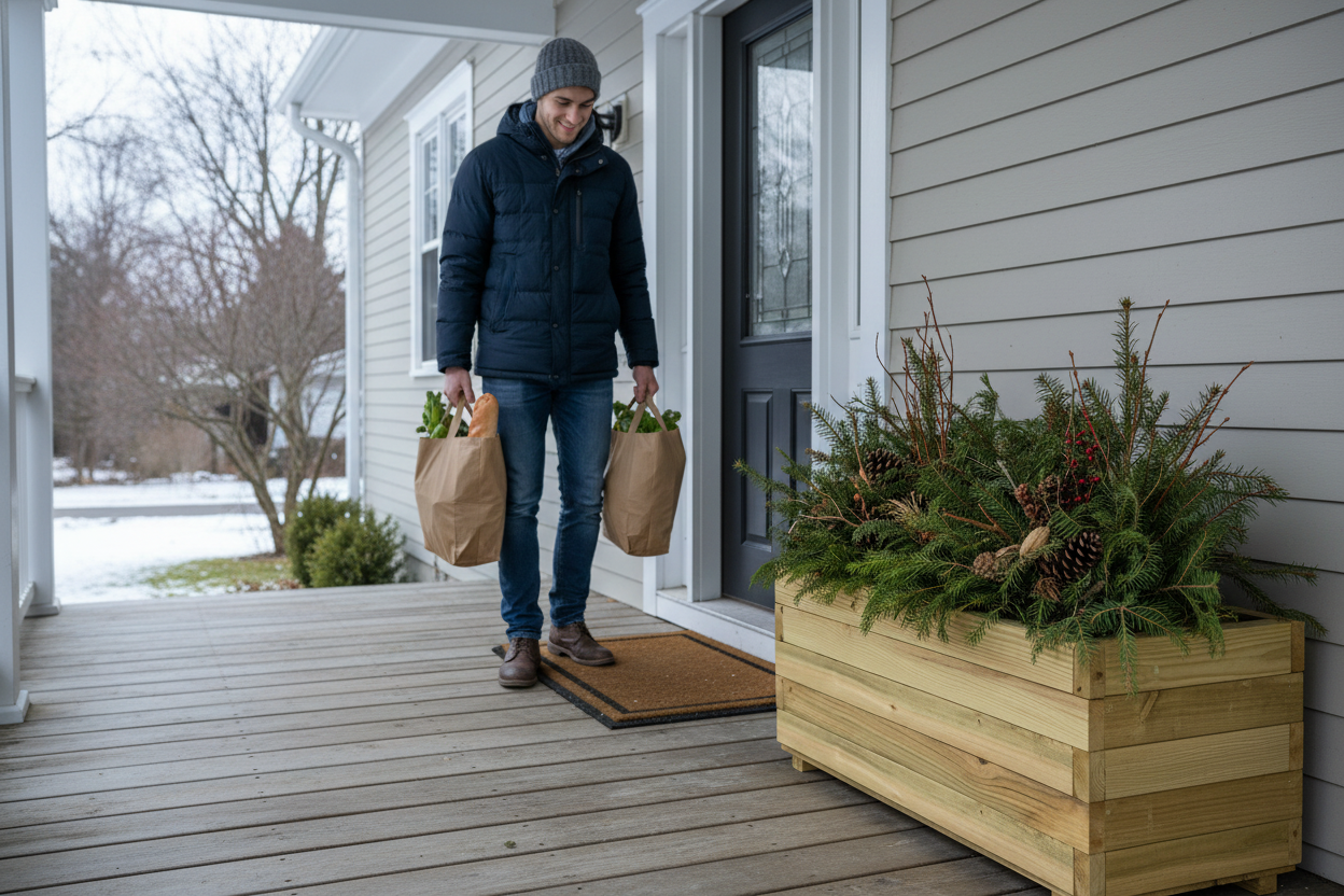 Blanke man bij voordeur met lange bloembak 13:31