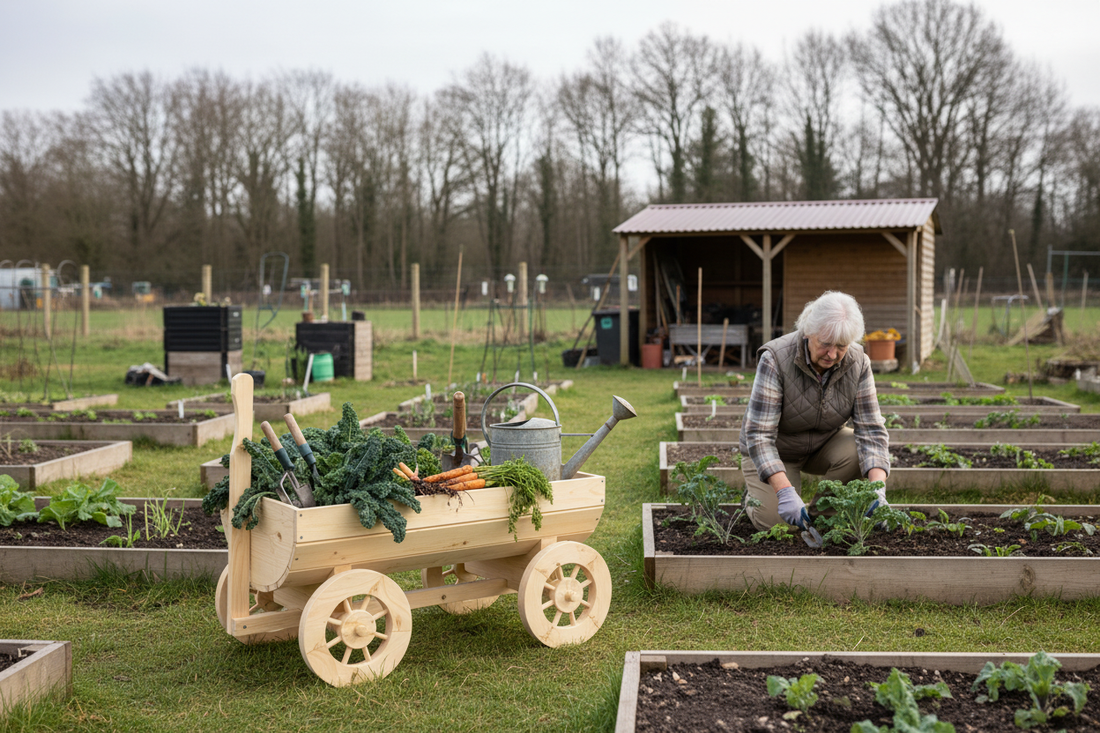 Blanke vrouw in moestuin met lichte vurenhout wagen 13:58