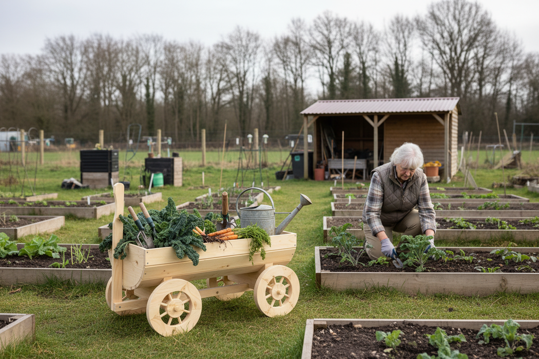 Blanke vrouw in moestuin met lichte vurenhout wagen 13:58