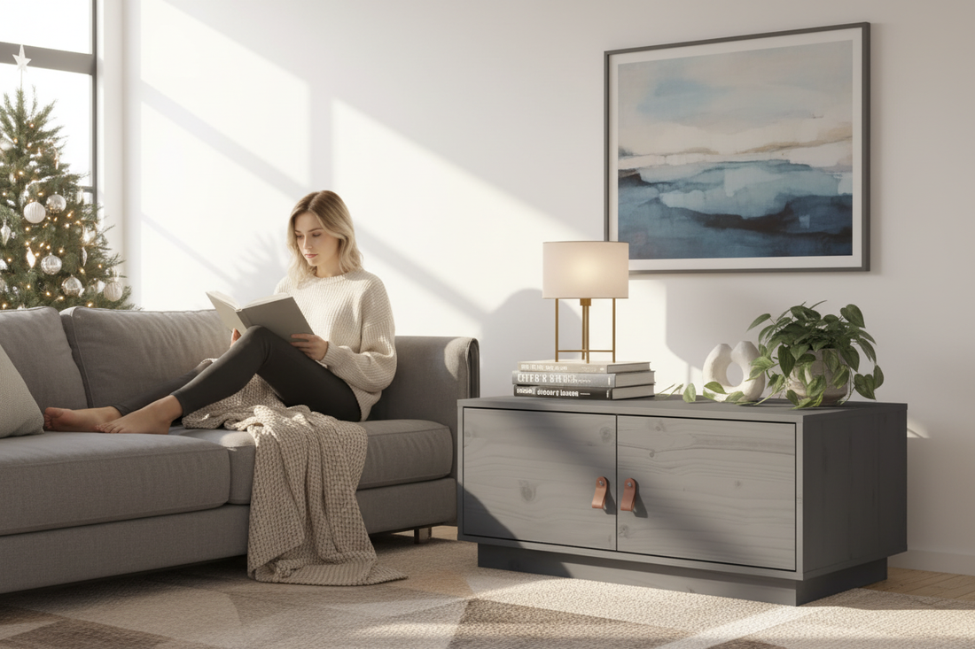 Blanke vrouw leest bij grijze consoletafel