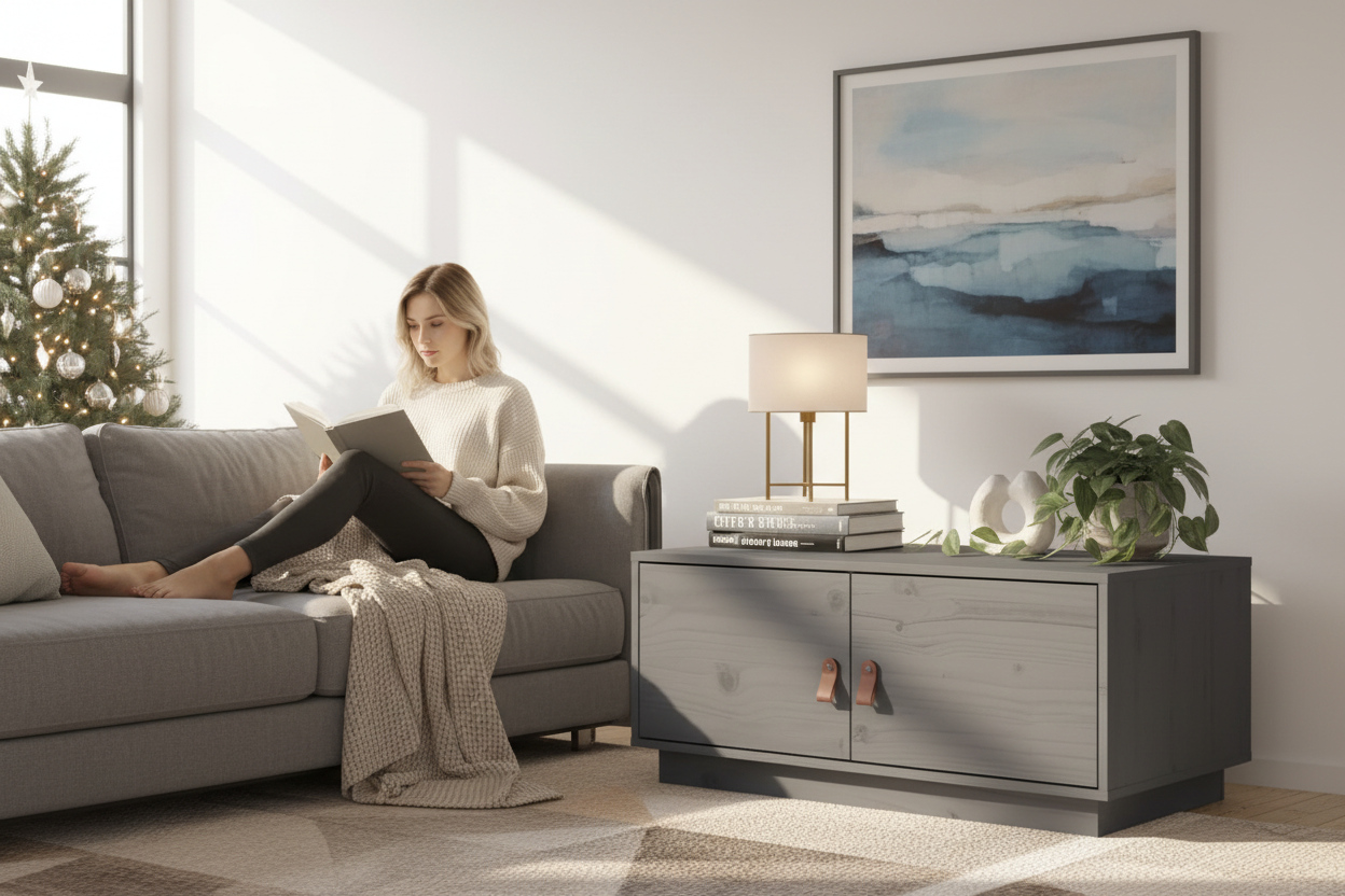 Blanke vrouw leest bij grijze consoletafel