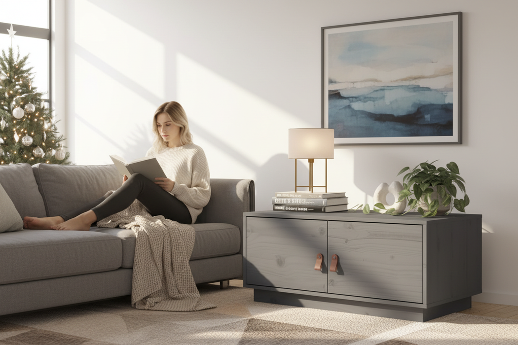 Blanke vrouw leest bij grijze consoletafel