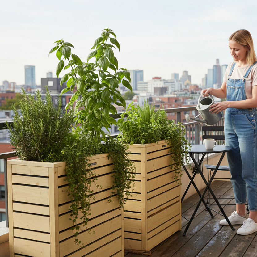 Blanke vrouw verzorgt kruiden in hoge bloembakken 13:06