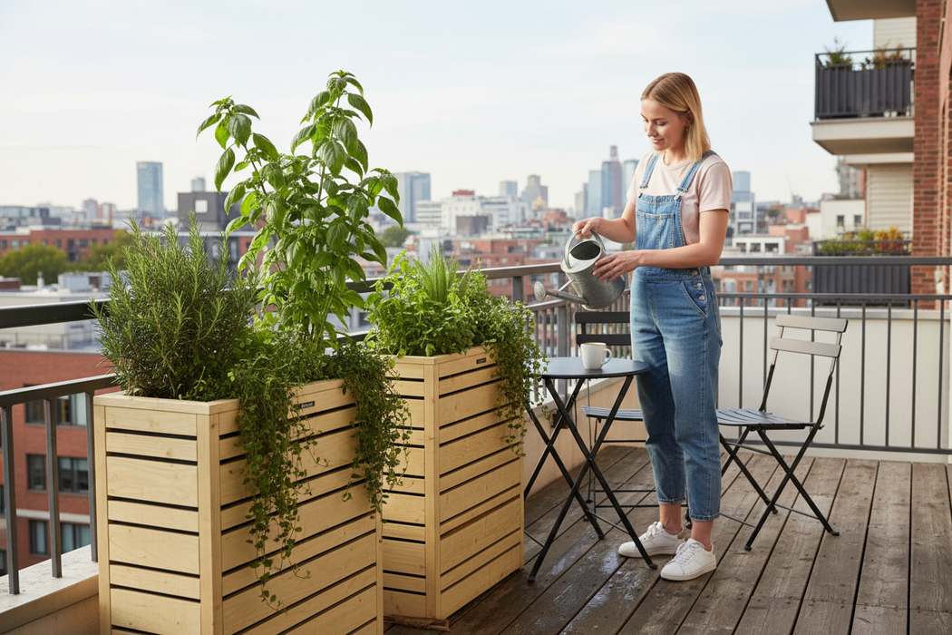 Blanke vrouw verzorgt kruiden in hoge bloembakken 13:06
