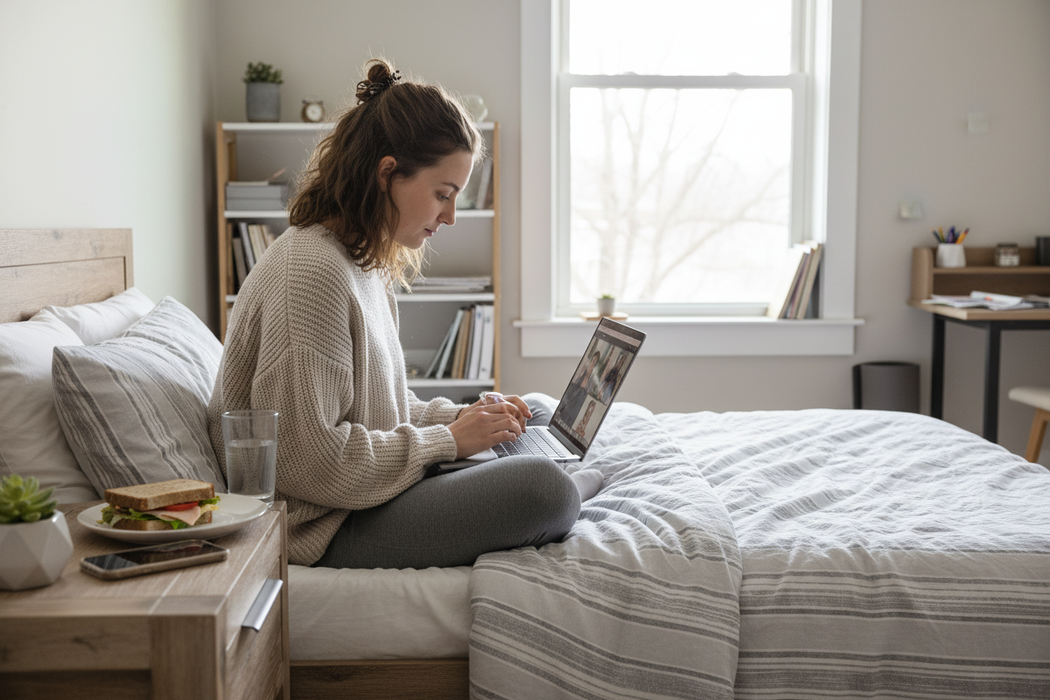 Blanke vrouw werkt thuis met lunch 12:04 PM