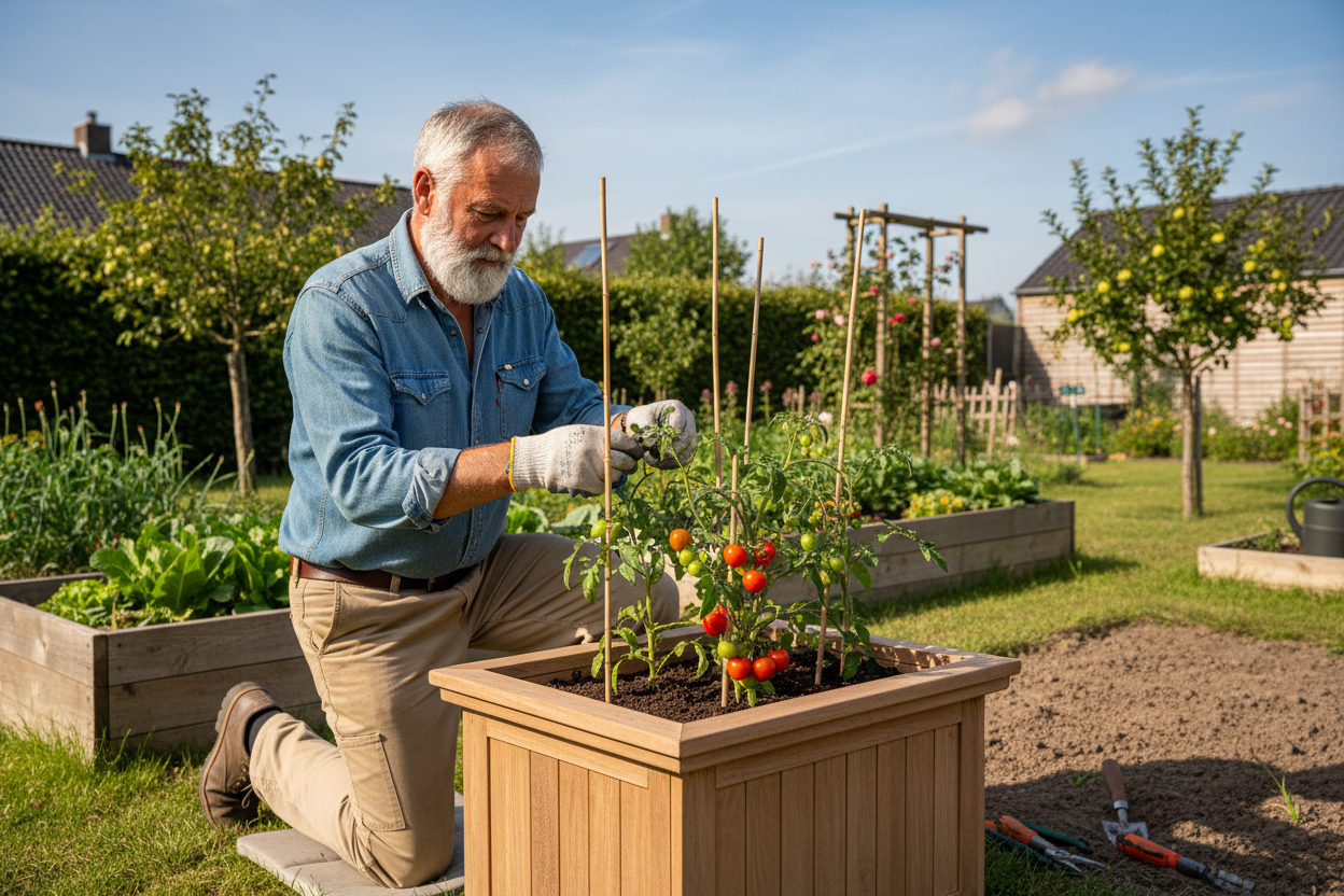 Bloembak Flores oudere man moestuin