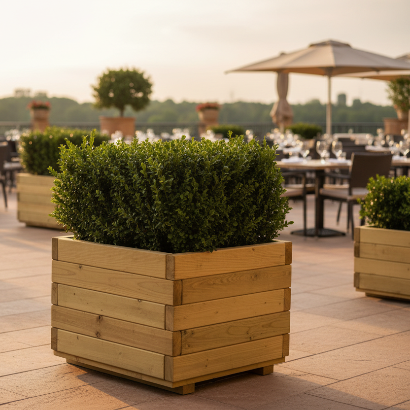 Bloembak op restaurant patio wide shot