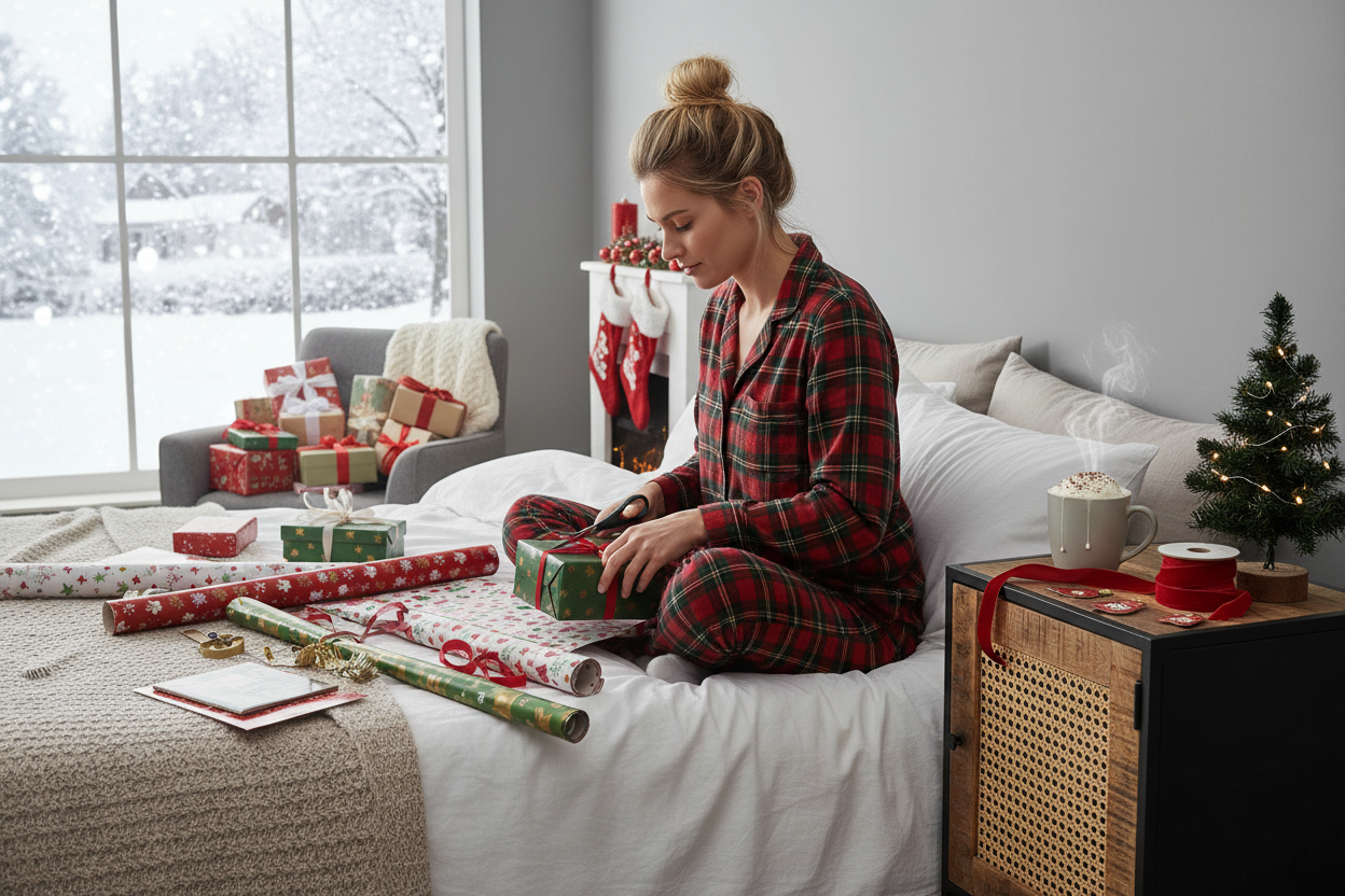 Blonde vrouw pakt kerstcadeaus in
