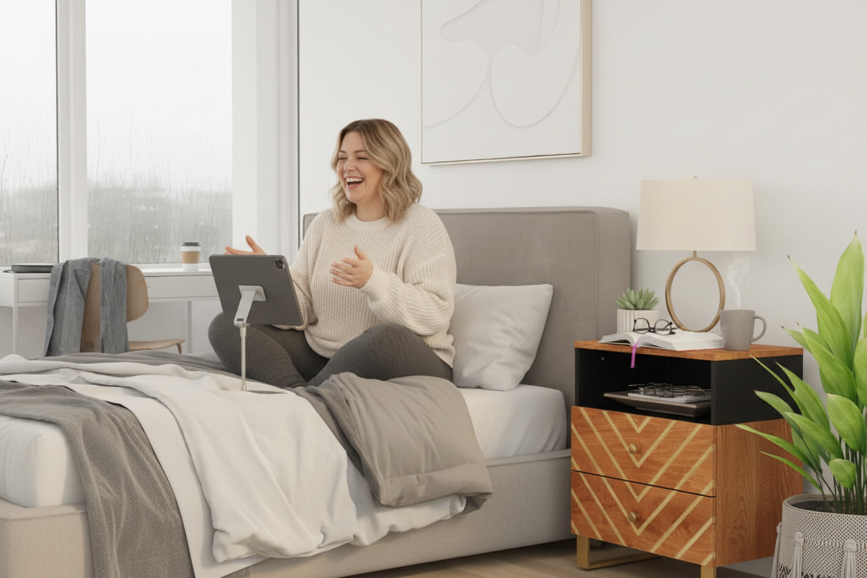 Blonde vrouw videobelt op regenachtige dag