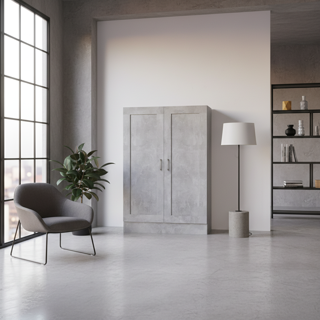 Boekenkast betongrijs 115cm in industrieel-chic appartement