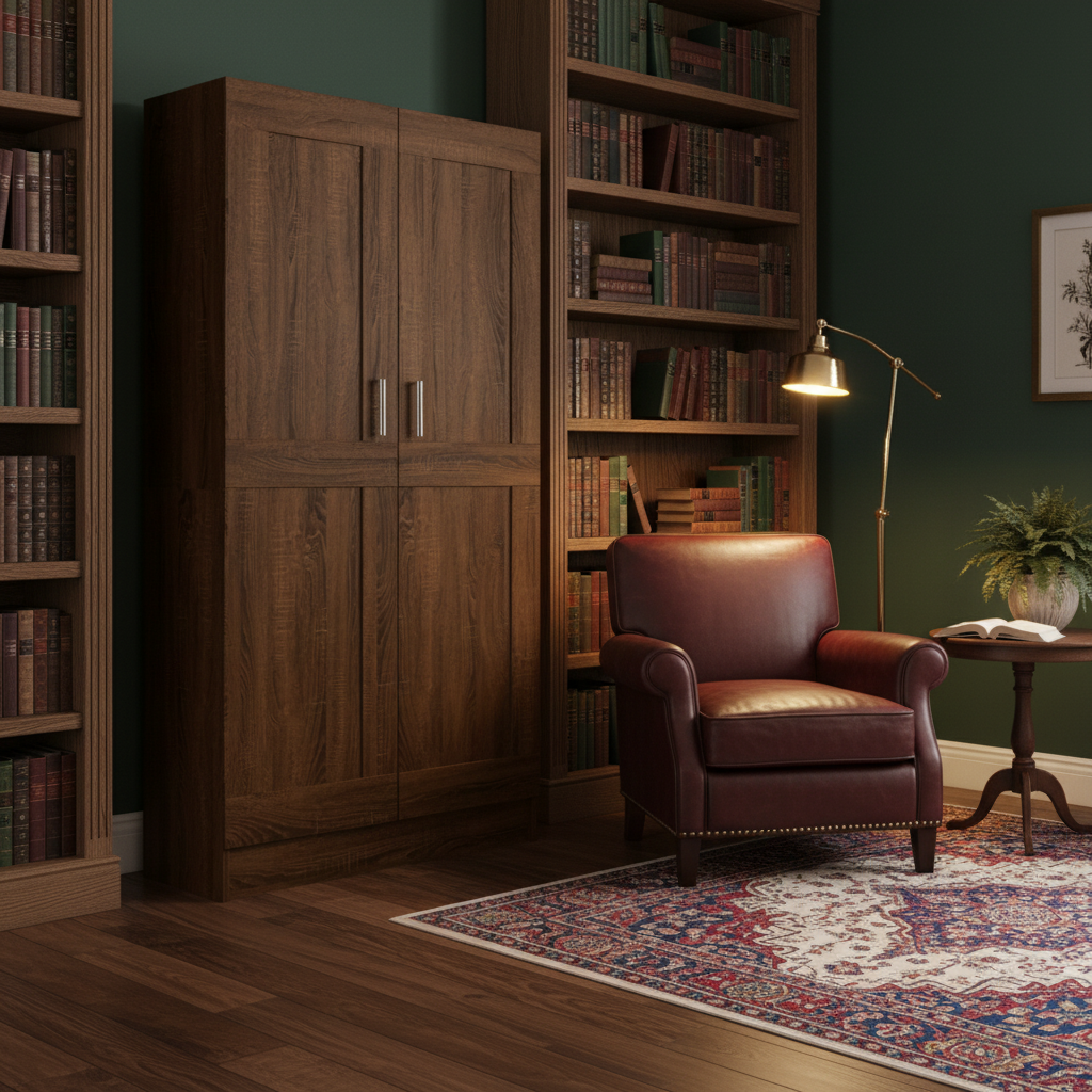 Boekenkast bruin eiken 150cm in klassieke studeerkamer