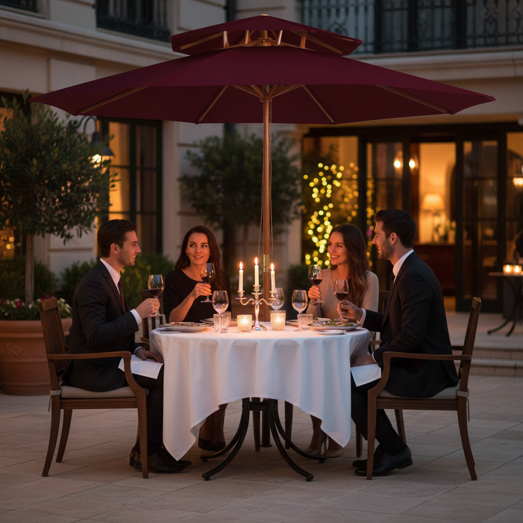 Bordeauxrode parasol op elegant terras