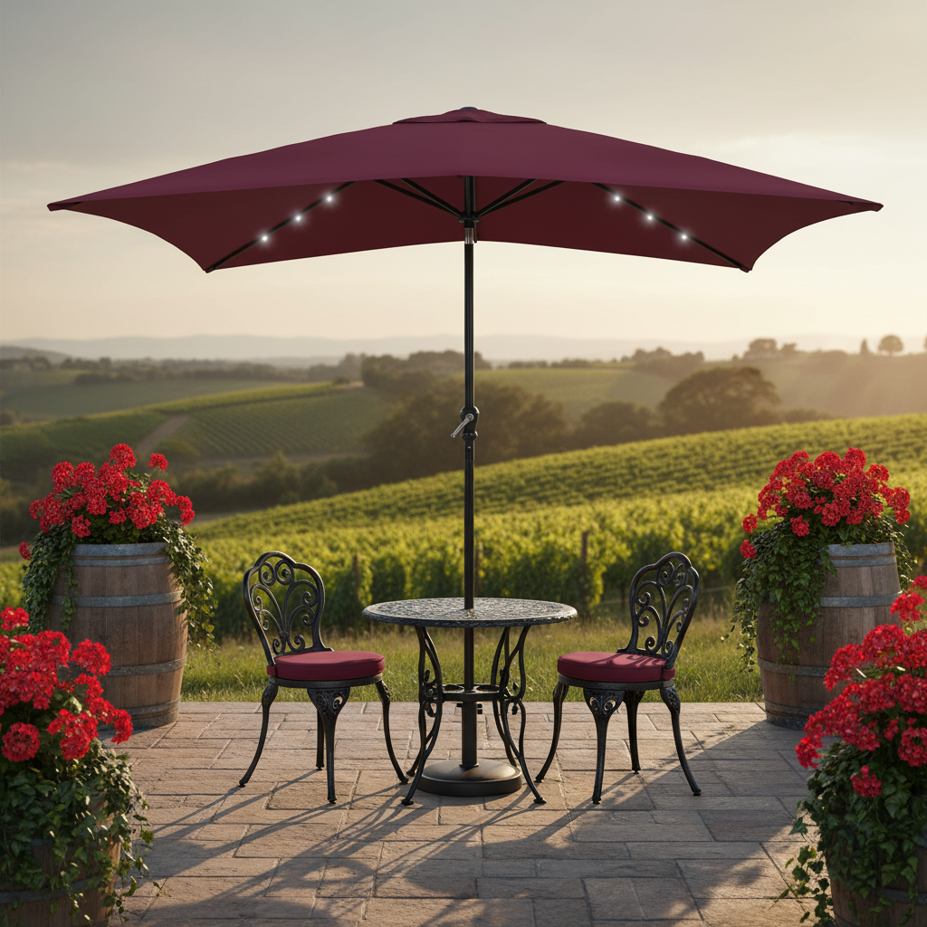 Bordeauxrode parasol op wijngaardterras