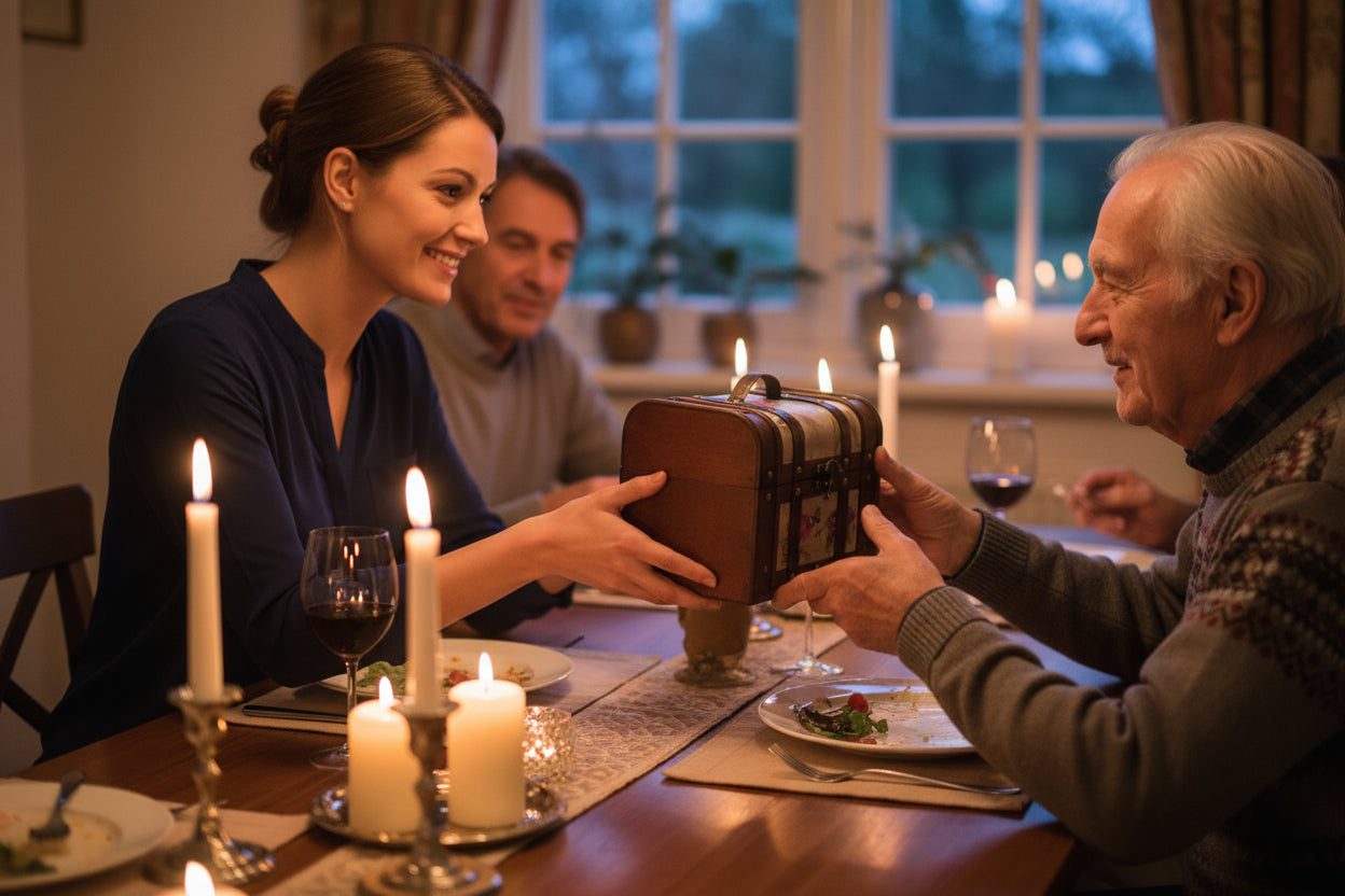 Vintage houten sieradendoos met bloemenmotief en handvat – 26 x 18 x 17 cm