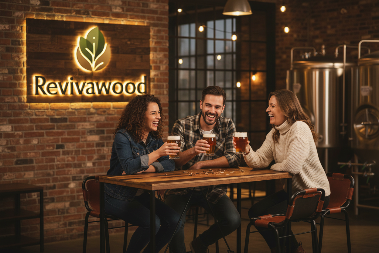 Brewery with friends and Revivawood logo