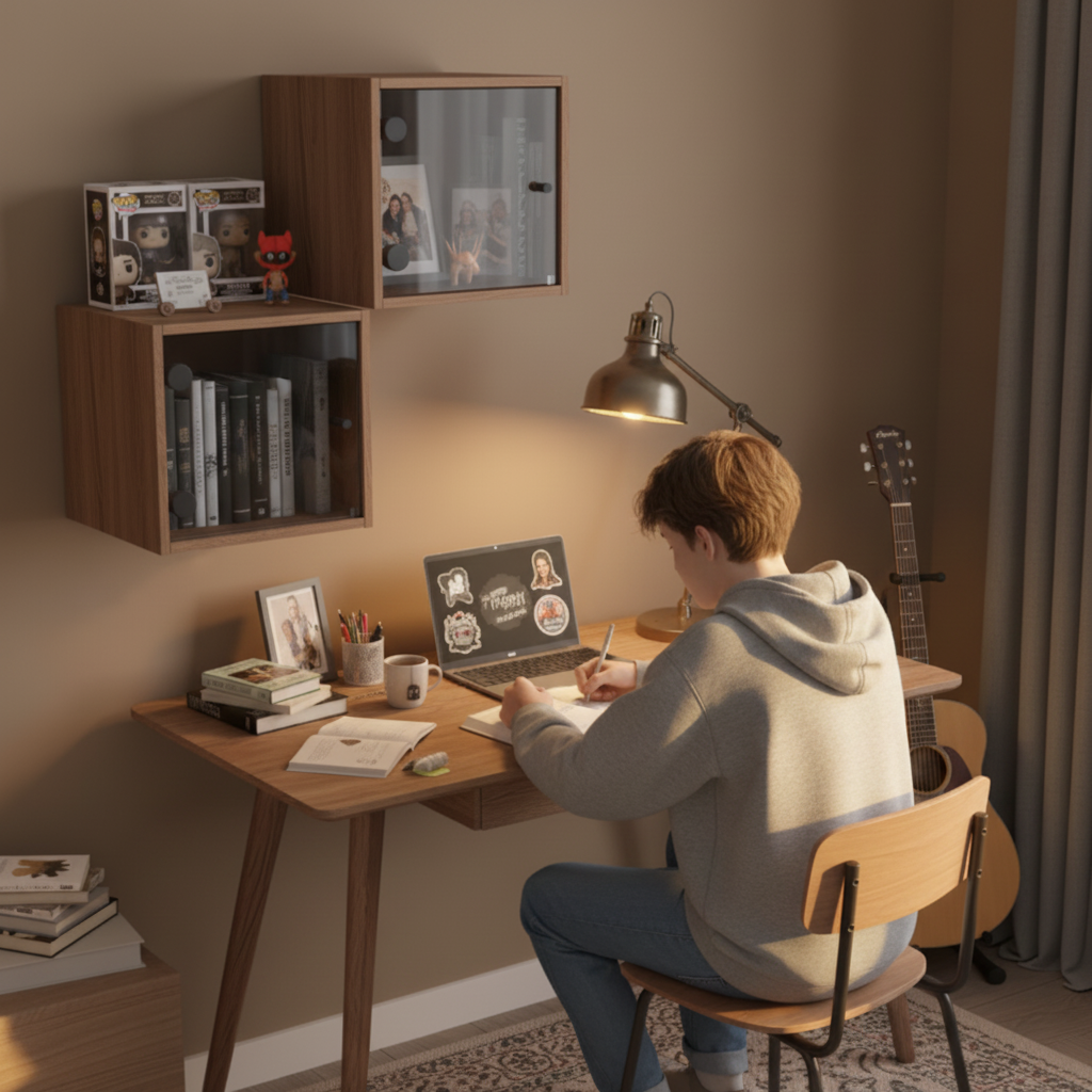 Bruin eiken 2 wandkastjes werkplek