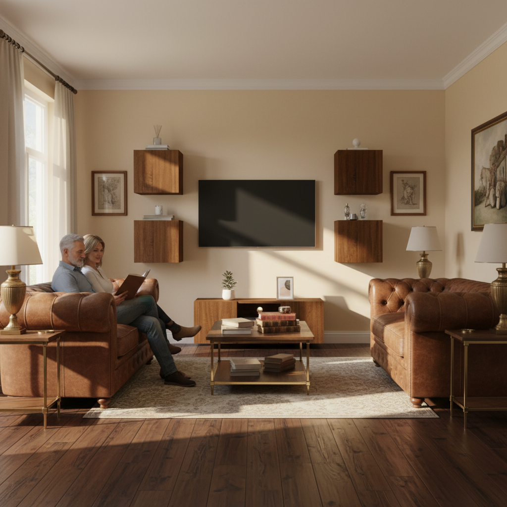 Bruin eiken TV wandmeubel met gesloten deuren