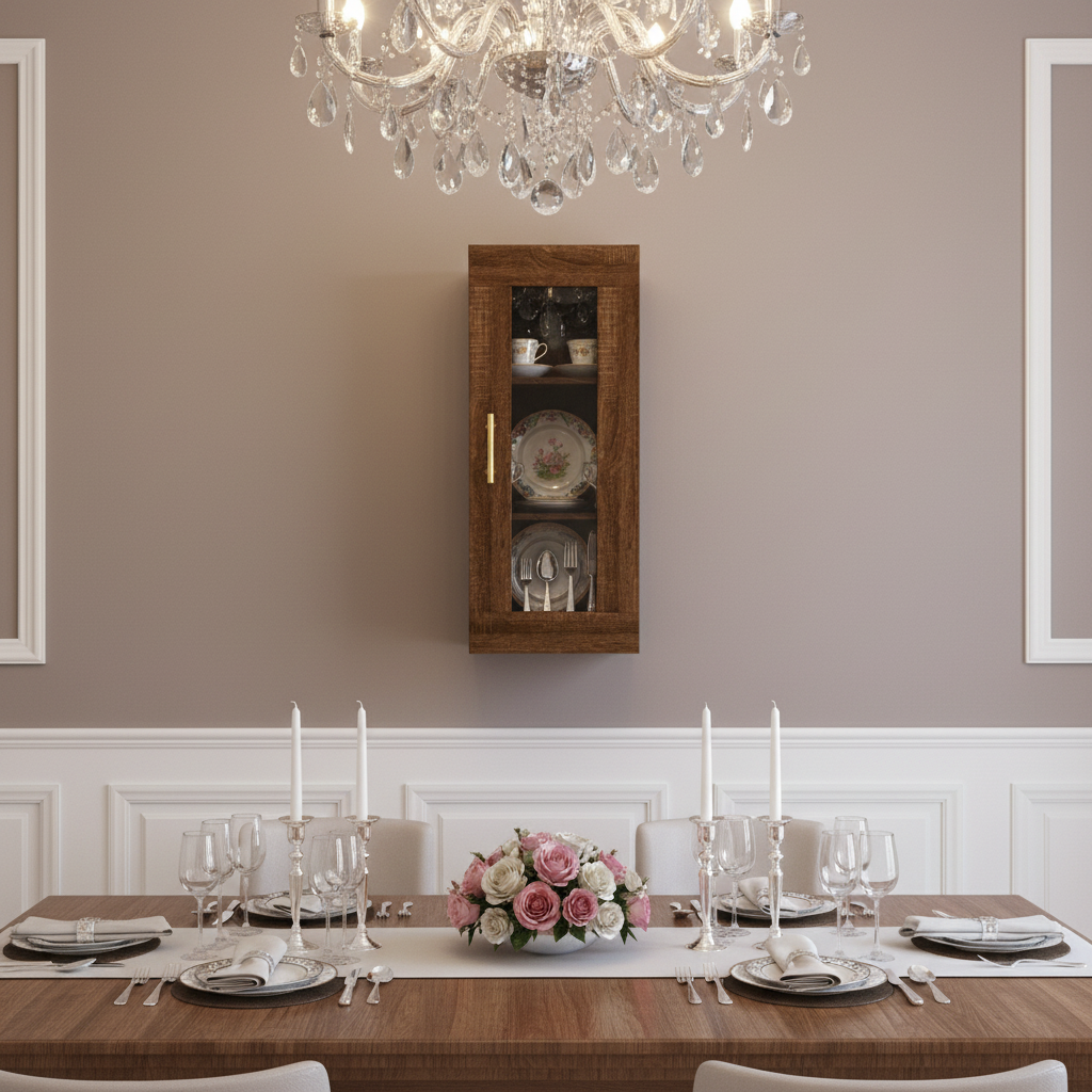 Bruin eiken vitrinekast in elegante eetkamer