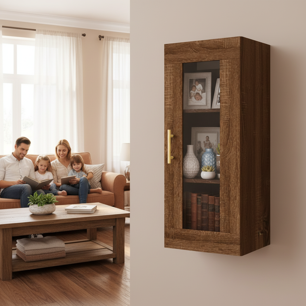 Bruin eiken vitrinekast in traditionele woonkamer