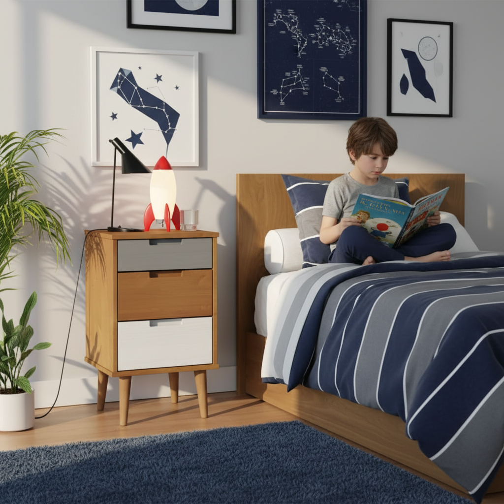 Bruin nachtkastje in jongenskamer