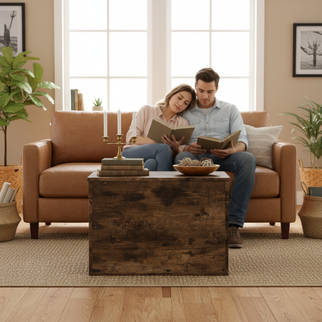 Bruine opbergkist gesloten als salontafel