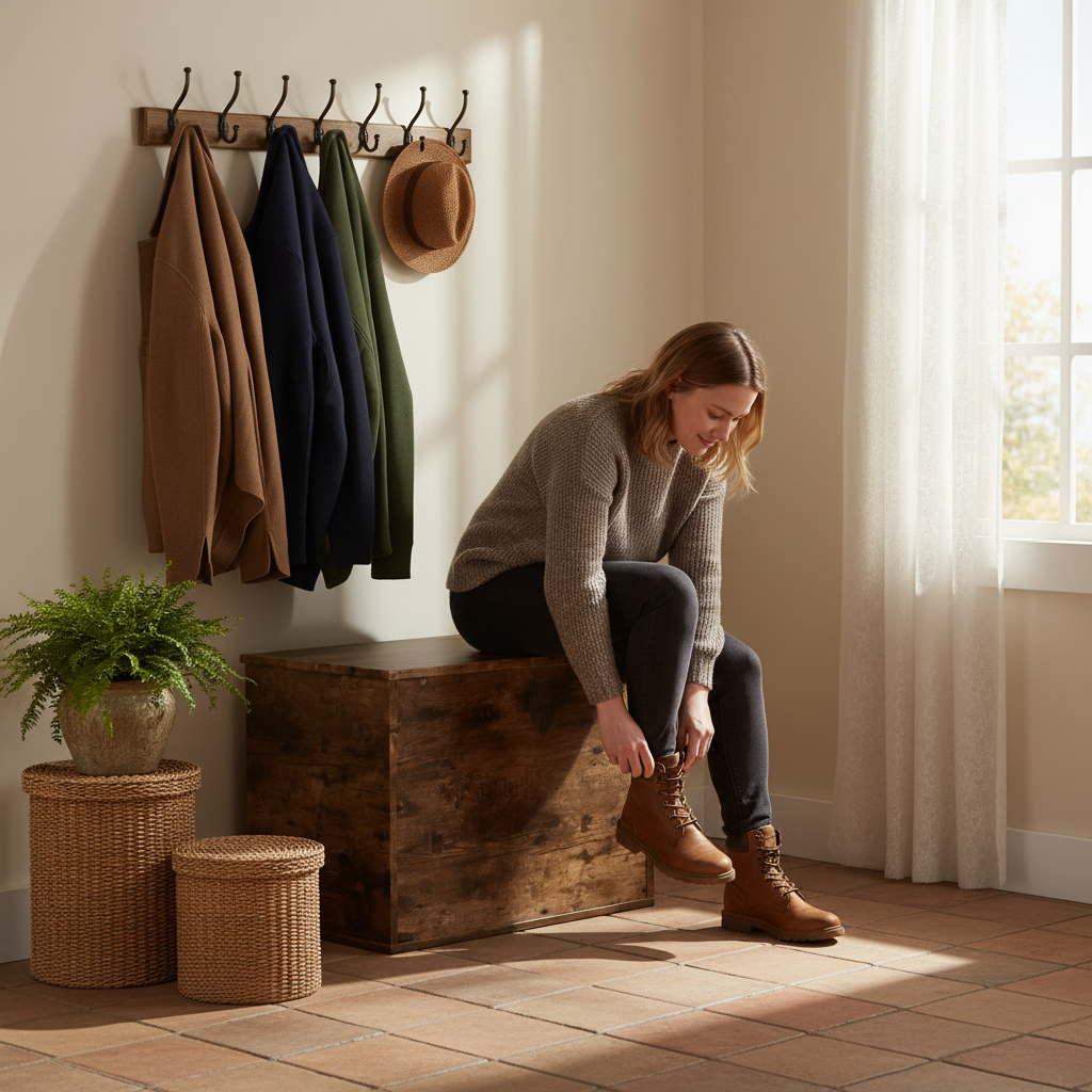 Bruine opbergkist gesloten als zitbank in entree