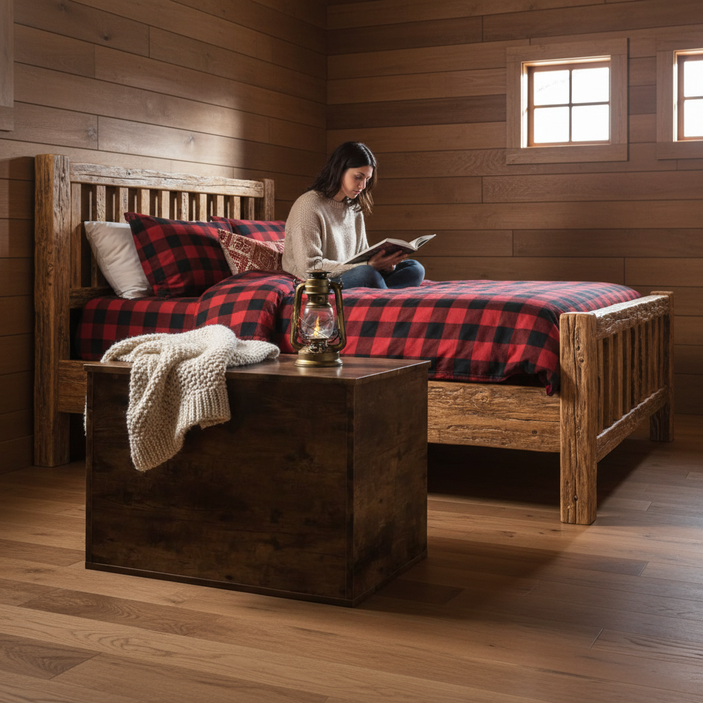 Bruine opbergkist gesloten in cabin slaapkamer