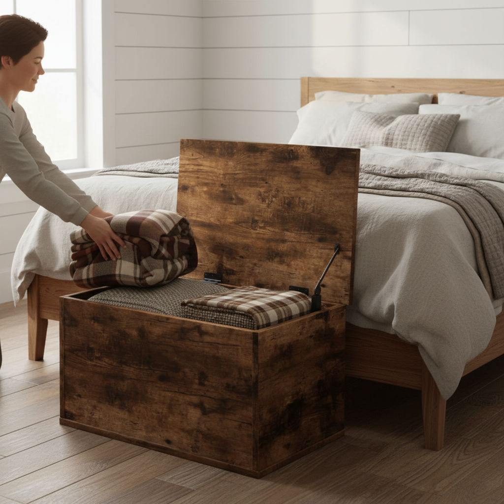 Bruine opbergkist met open deksel in farmhouse slaapkamer