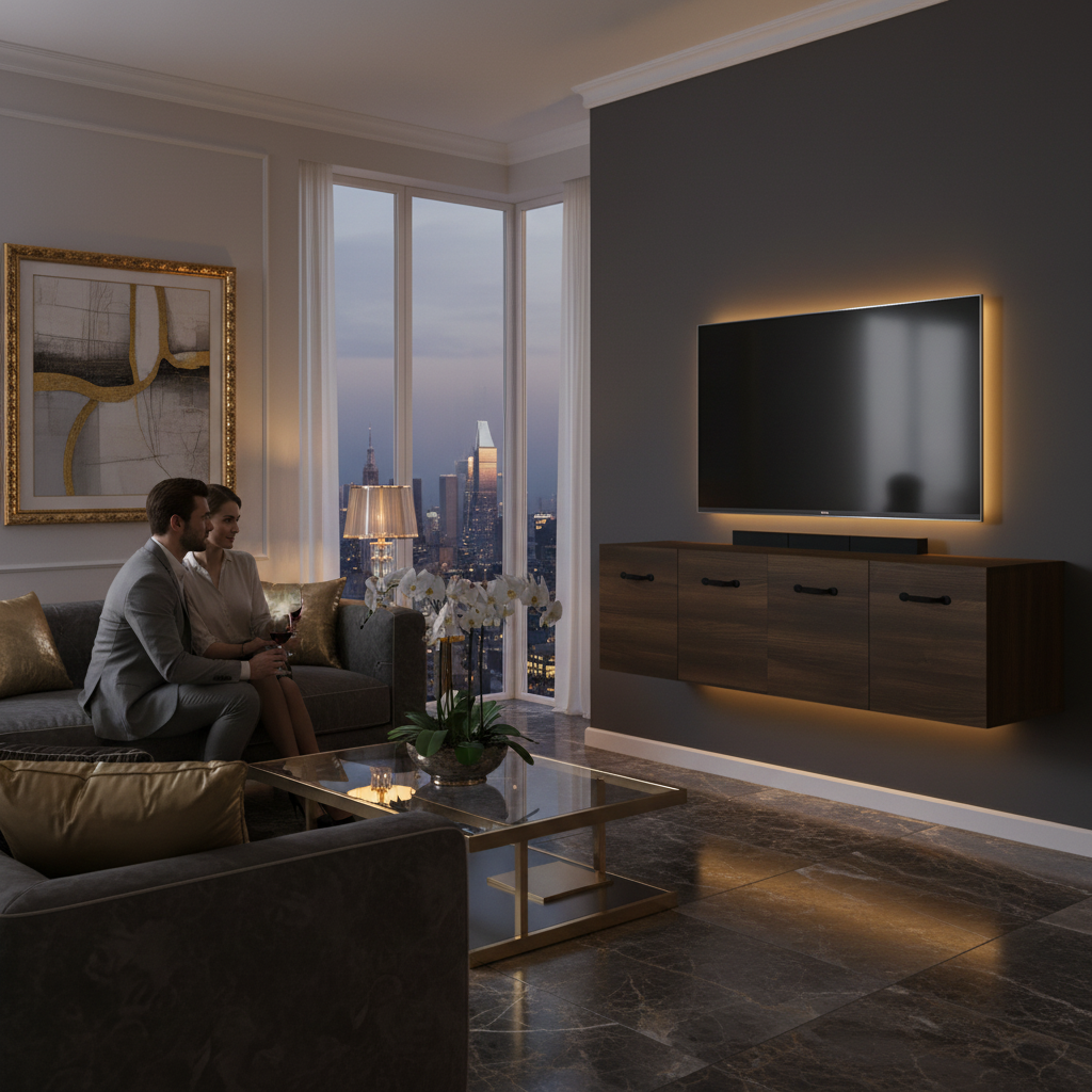 Bruine wandkast met TV en soundbar in luxe interieur