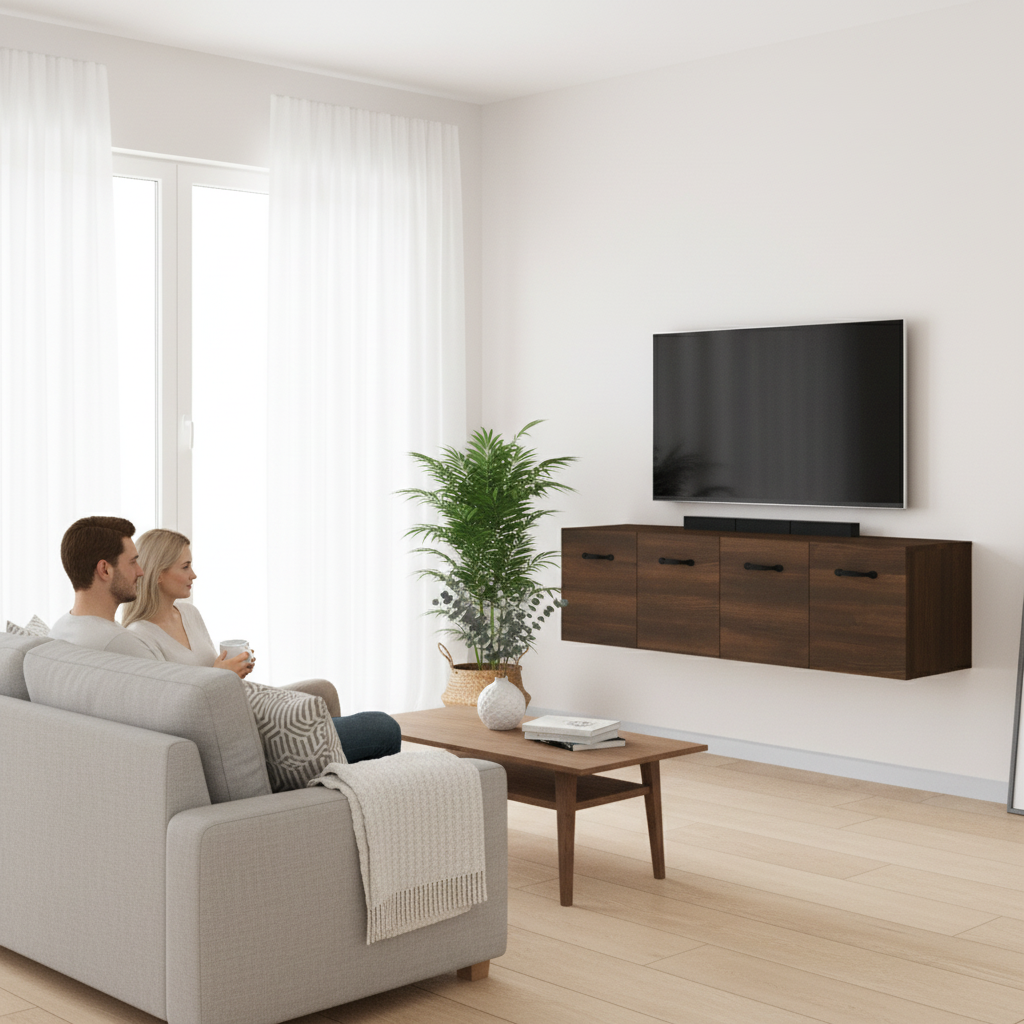 Bruine wandkast met TV en soundbar in Scandinavisch interieur