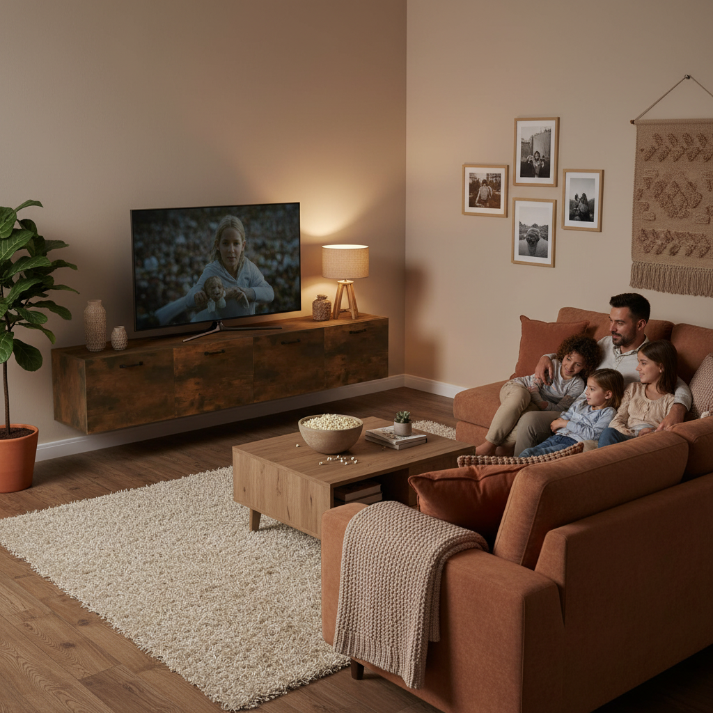 Bruine wandkast met TV in gezinswoonkamer