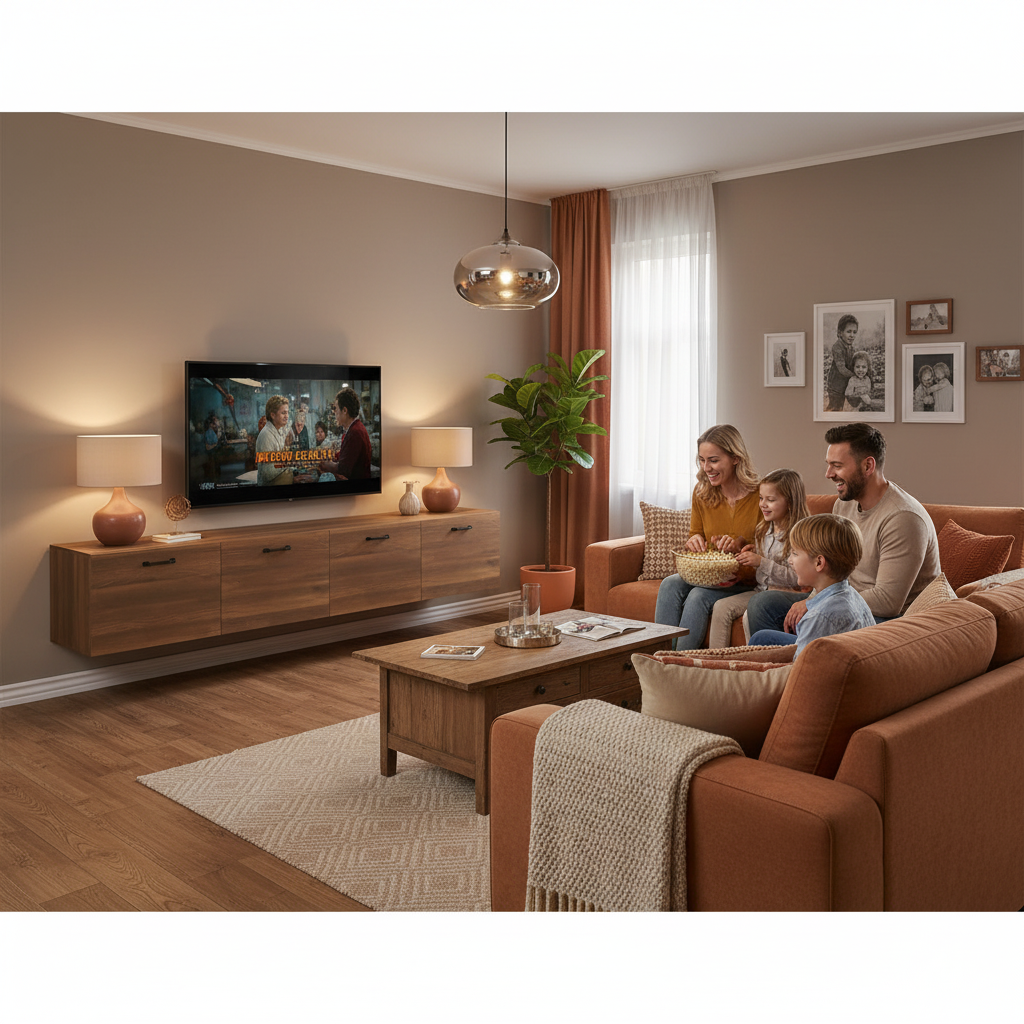 Bruine wandkast met TV in gezinswoonkamer