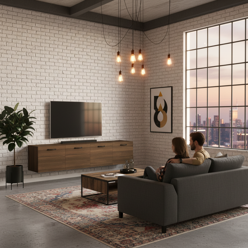 Bruine wandkast met TV in industriële loft