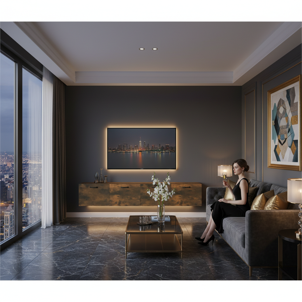 Bruine wandkast met TV in luxe contemporary interieur