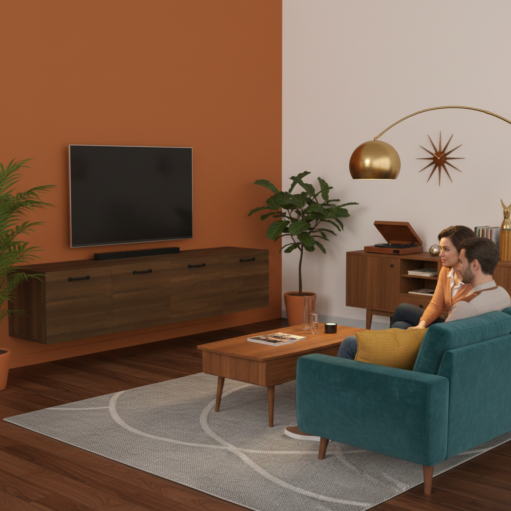 Bruine wandkast met TV in mid-century interieur