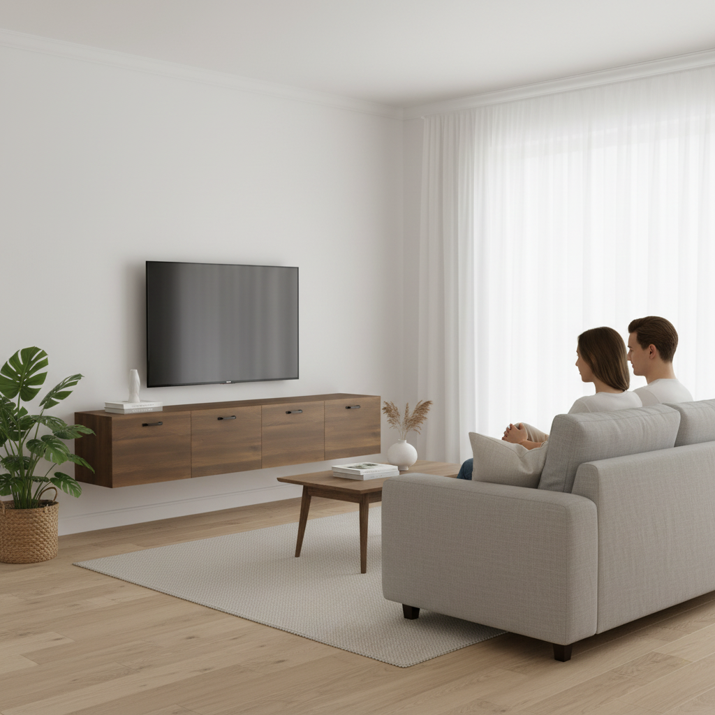 Bruine wandkast met TV in Scandinavisch interieur