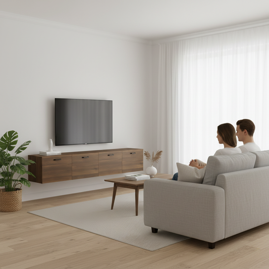Bruine wandkast met TV in Scandinavisch interieur