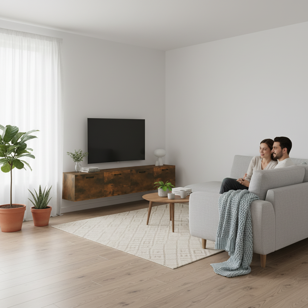 Bruine wandkast met TV in Scandinavisch interieur