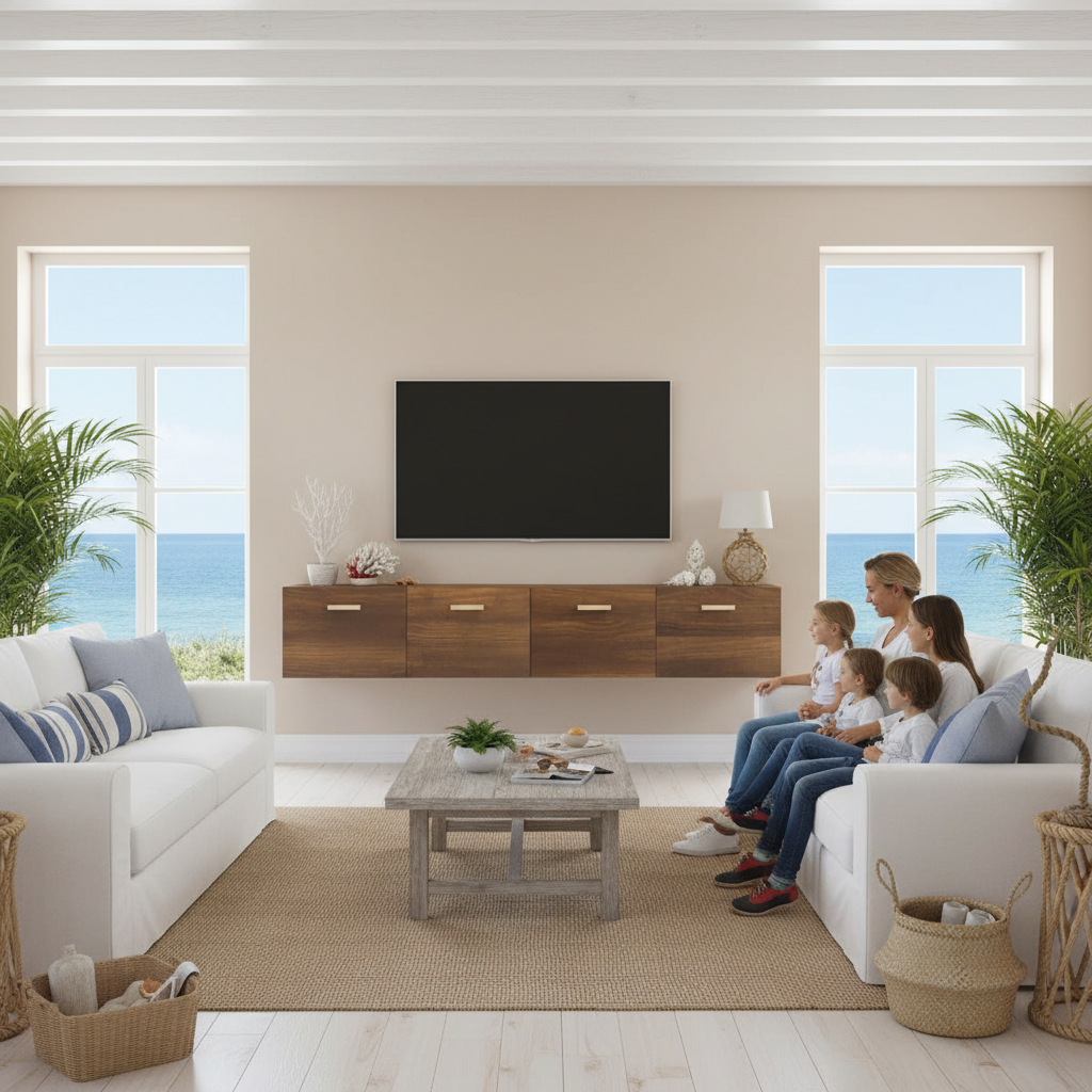 Bruine wandkasten 100cm met TV in coastal interieur