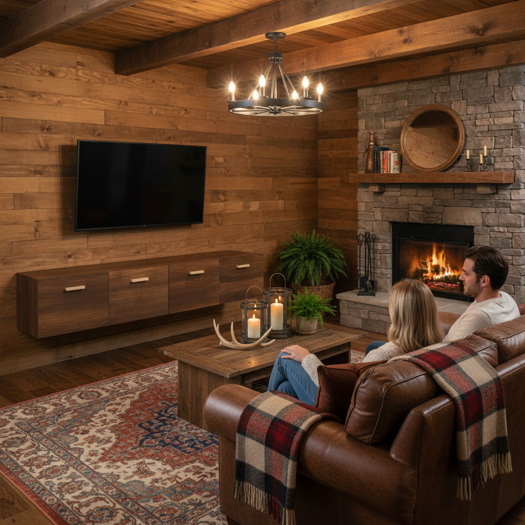 Bruine wandkasten 60cm met TV in cabin interieur