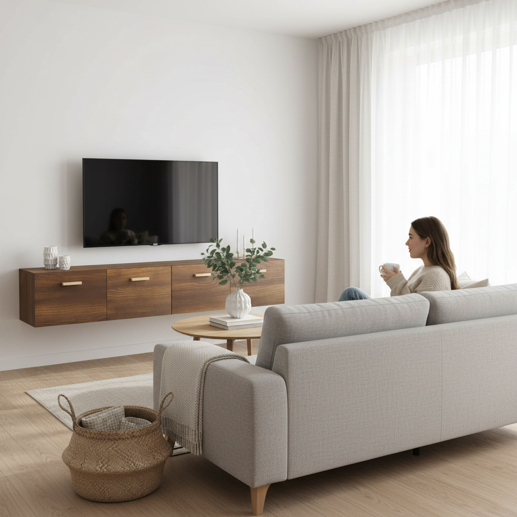 Bruine wandkasten 60cm met TV in Scandinavisch interieur