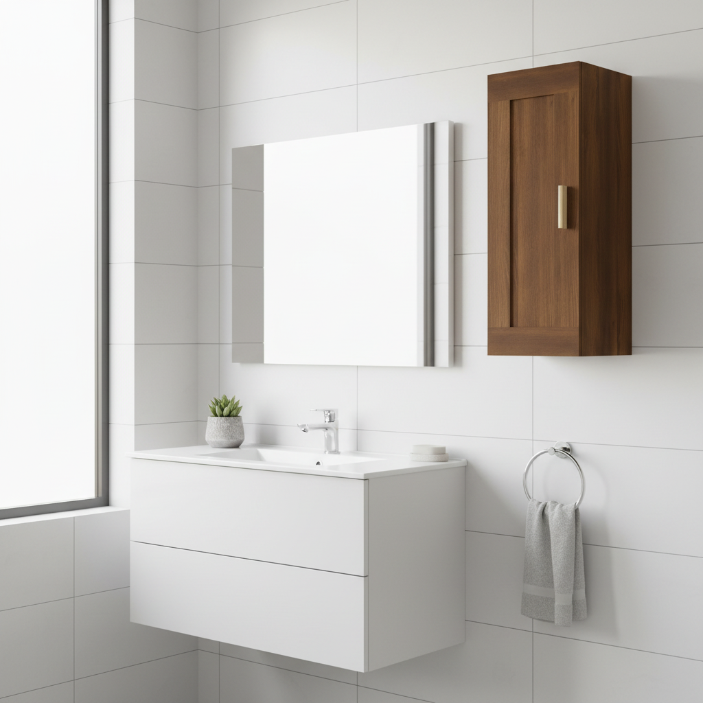 Bruineiken bovenkast in minimalistische badkamer