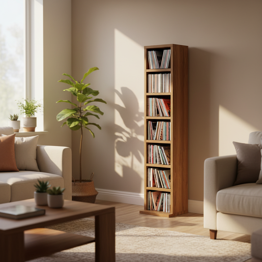 Bruineiken CD-rek in warme woonkamer met gevarieerde CD collectie