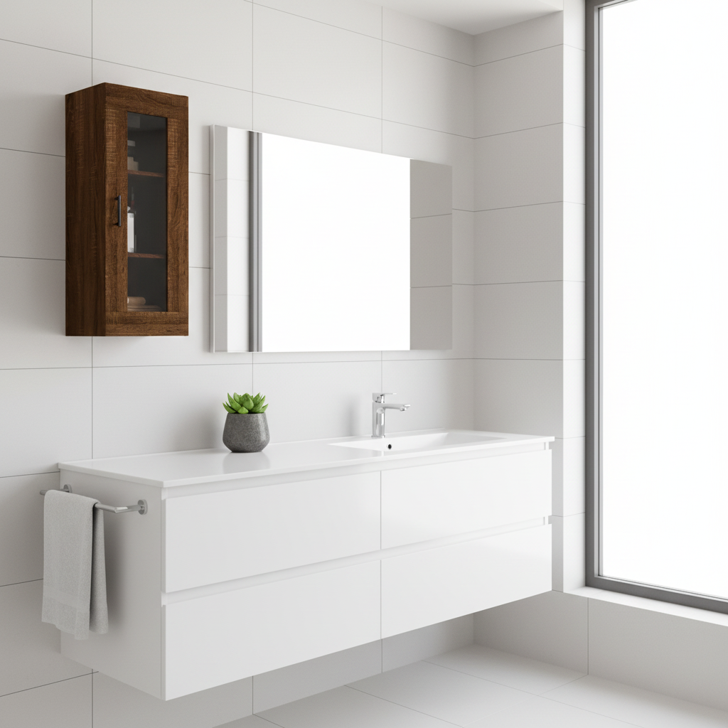 Bruineiken hangkast in minimalistische badkamer