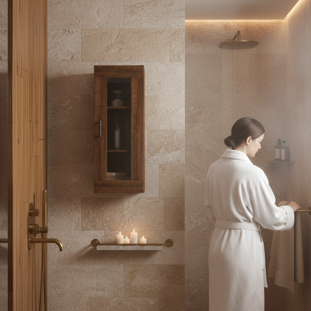 Bruineiken hangkast in wellness badkamer