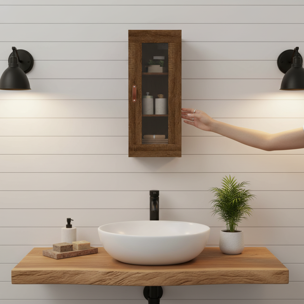 Bruineiken hangkast met glazen deur in farmhouse badkamer